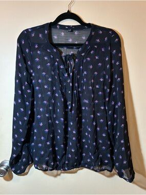 Gap Navy Blue Sheer Ditsy Floral Long Sleeve Blouse Tie Neck Fairy 70s Peasant L